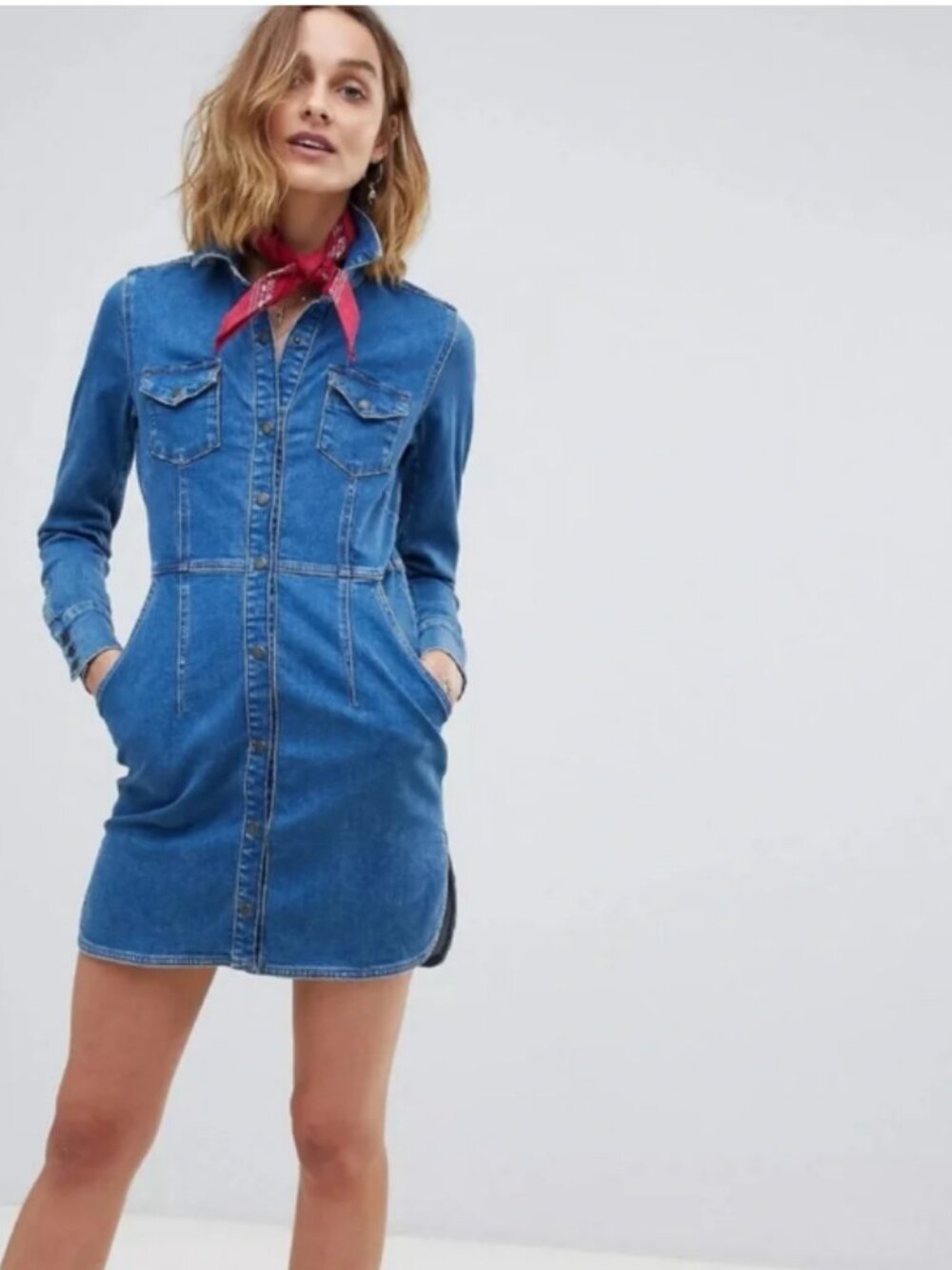 Free People Dynomite Stretch Denim Mini Dress Size M Western Retro 70s